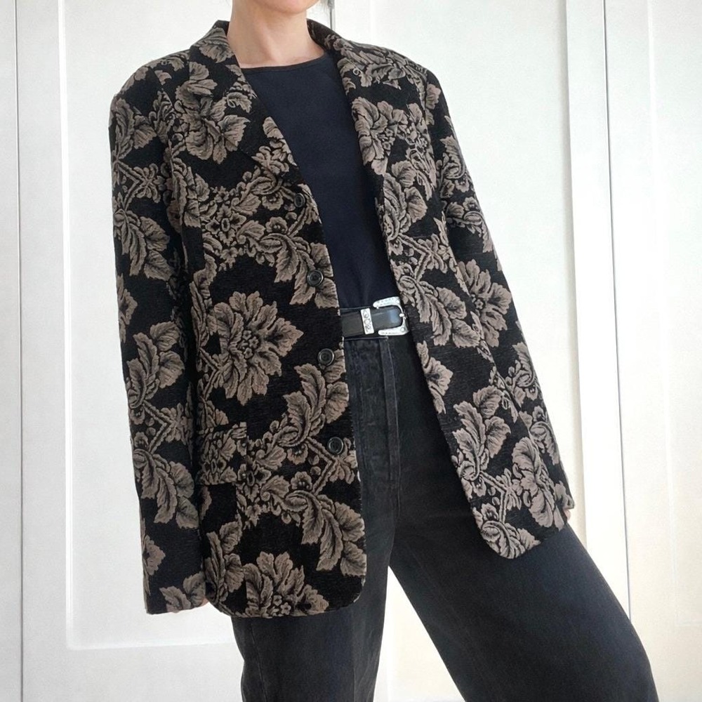 Denim & Co Vintage Floral Tapestry Blazer Jacket Black Bronze Damask Large Y2K - Picture 2 of 6